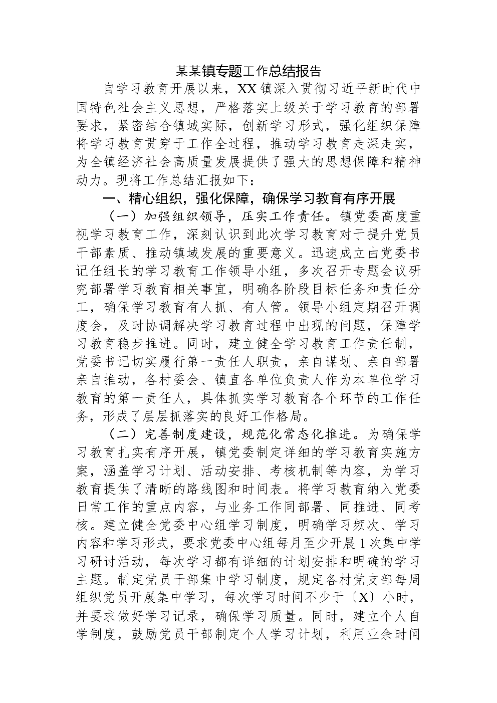 某某镇专题工作总结报告