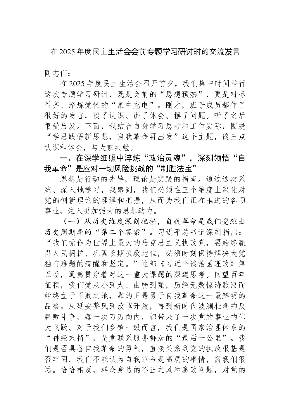 在2025年度民主生活会会前专题学习研讨时的交流发言