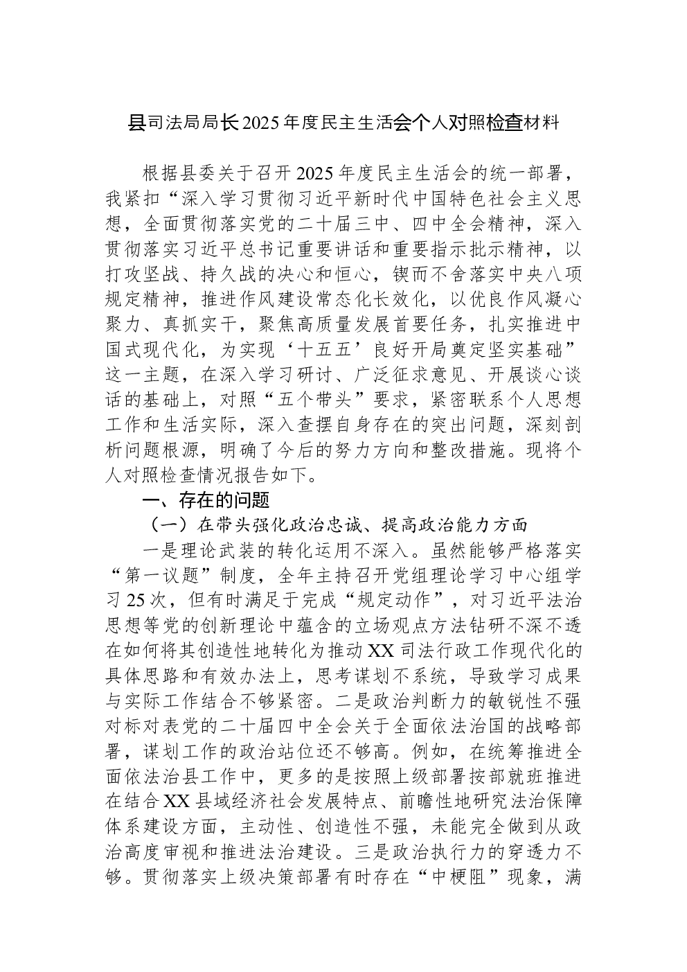 县司法局局长2025年度民主生活会个人对照检查材料
