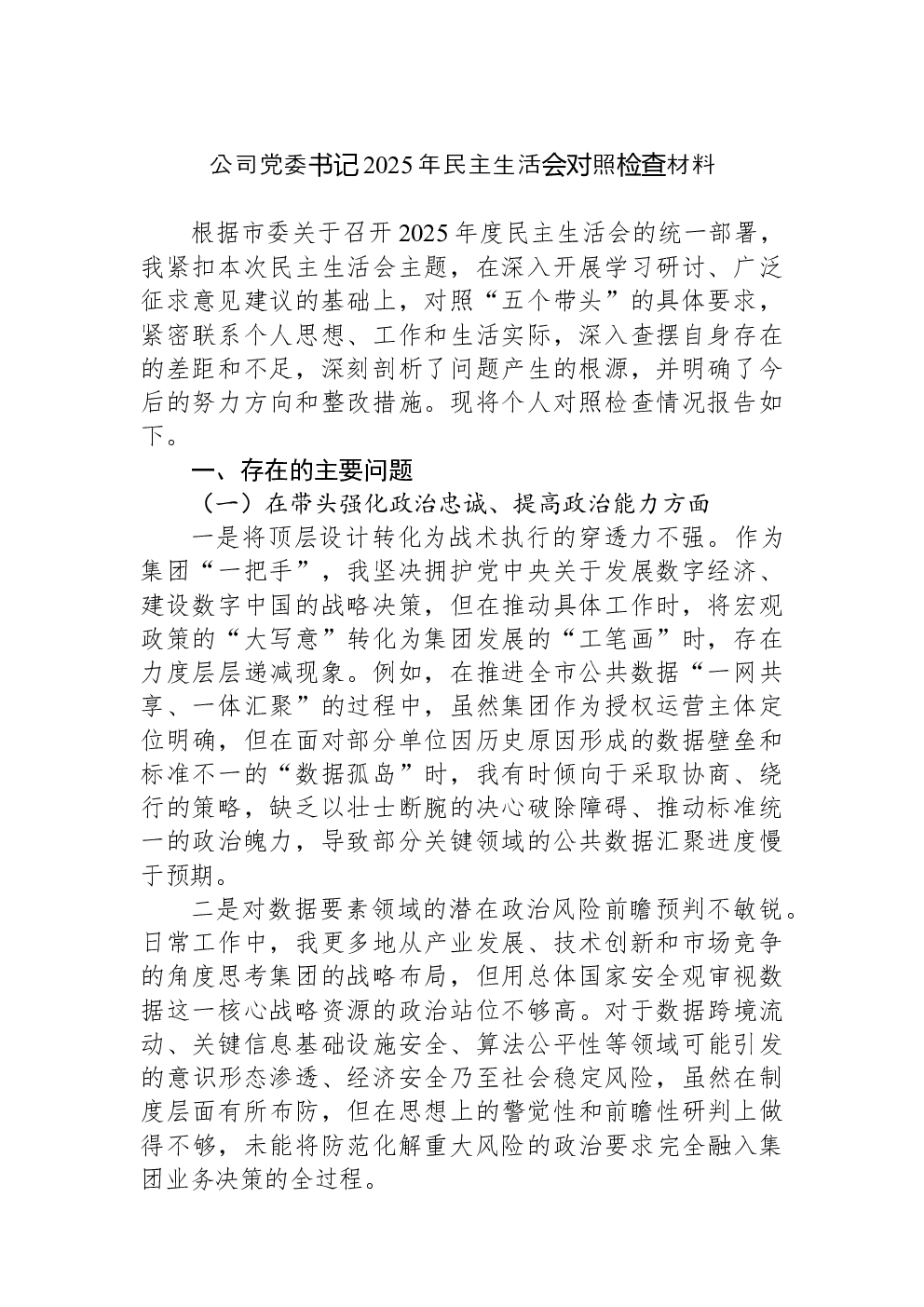 公司党委书记2025年民主生活会对照检查材料