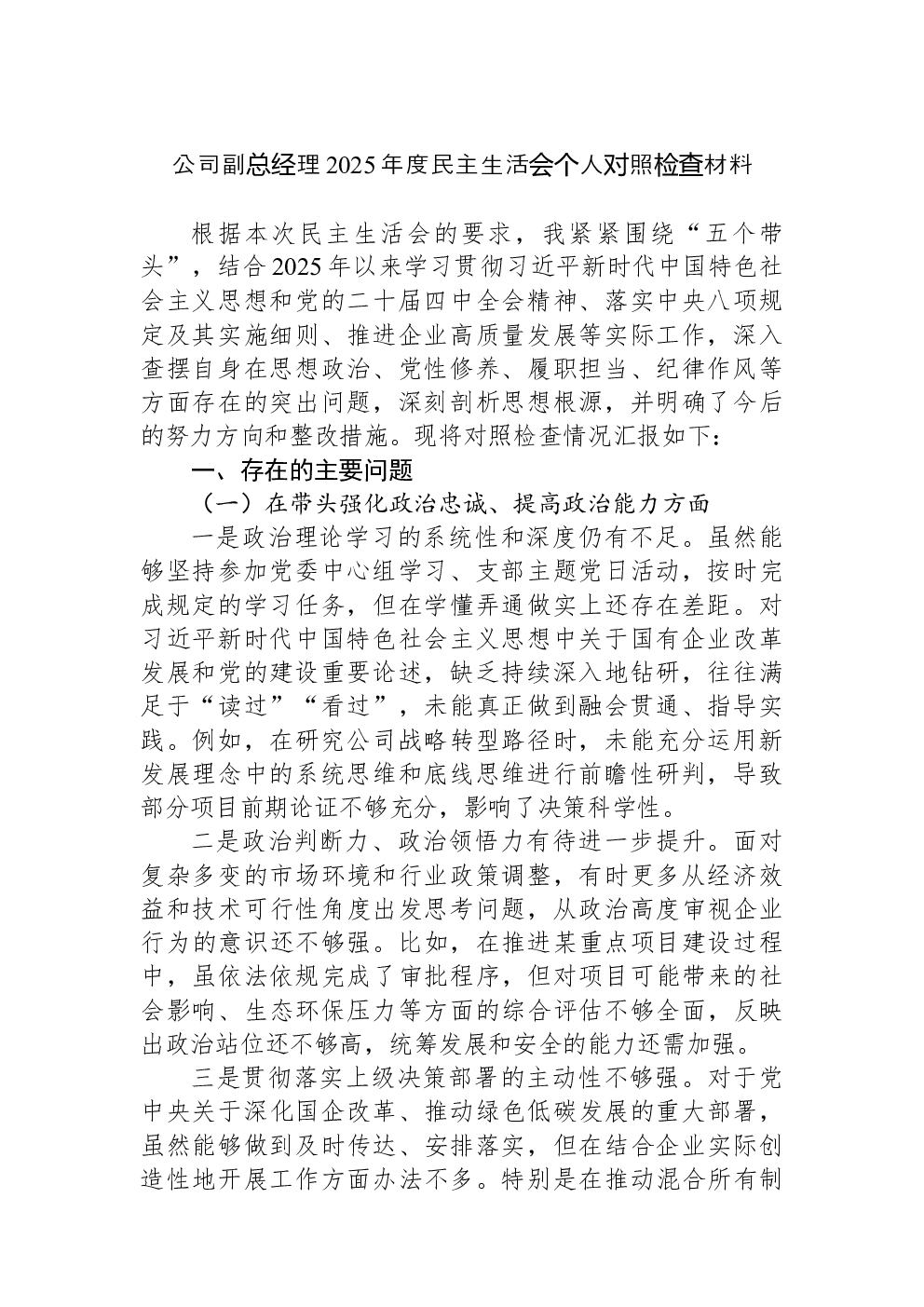 公司副总经理2025年度民主生活会个人对照检查材料