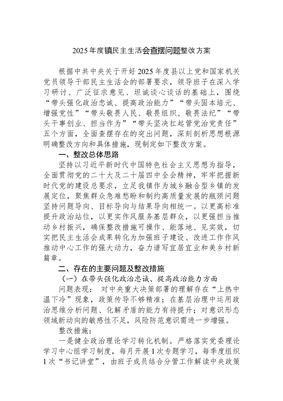 2025年度镇民主生活会查摆问题整改方案