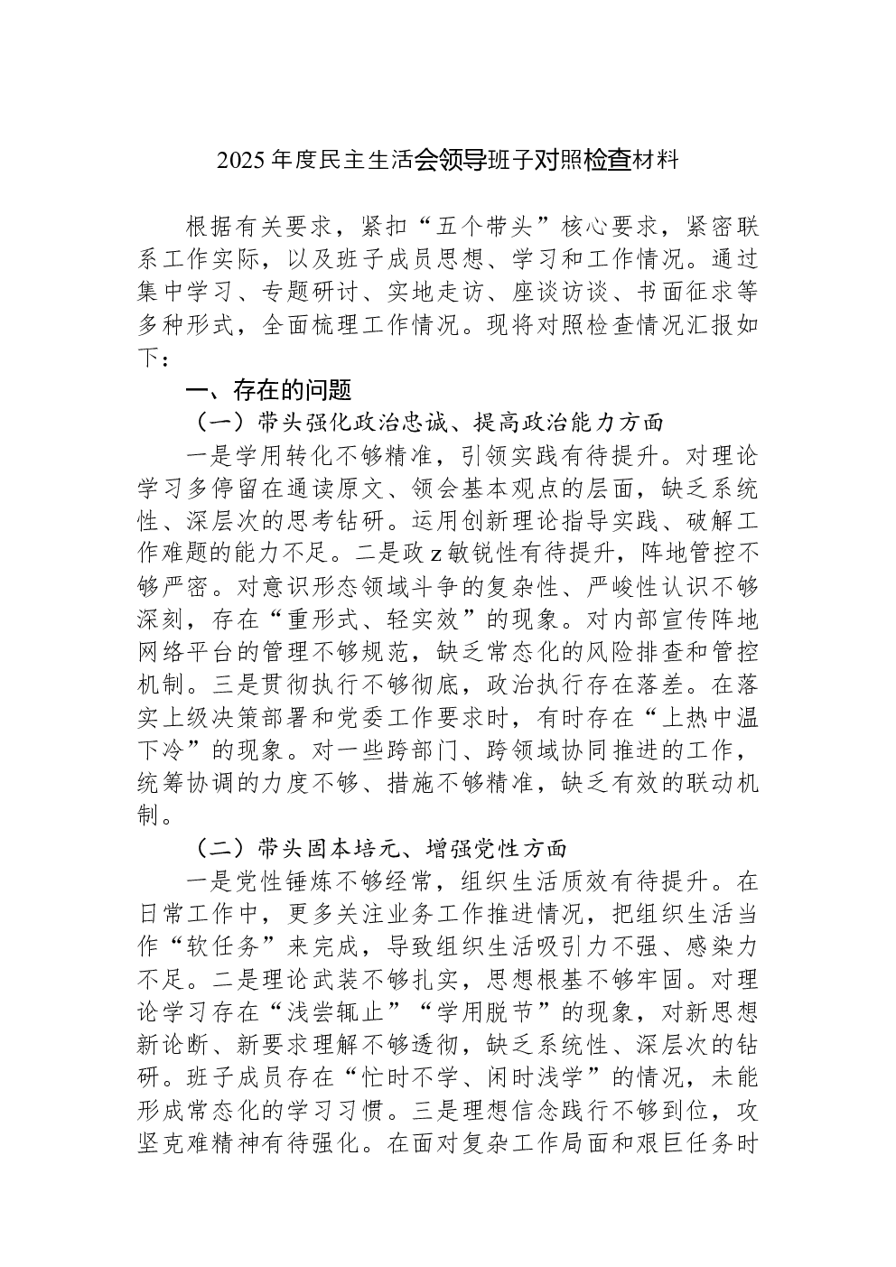 2025年度民主生活会领导班子对照检查材料