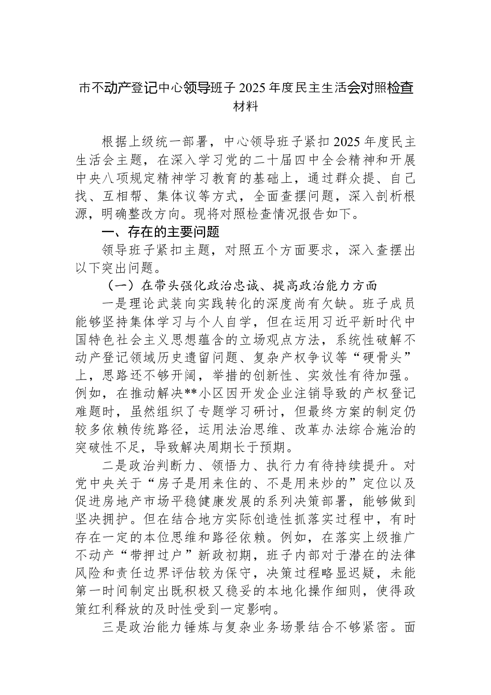 市不动产登记中心领导班子2025年度民主生活会对照检查材料