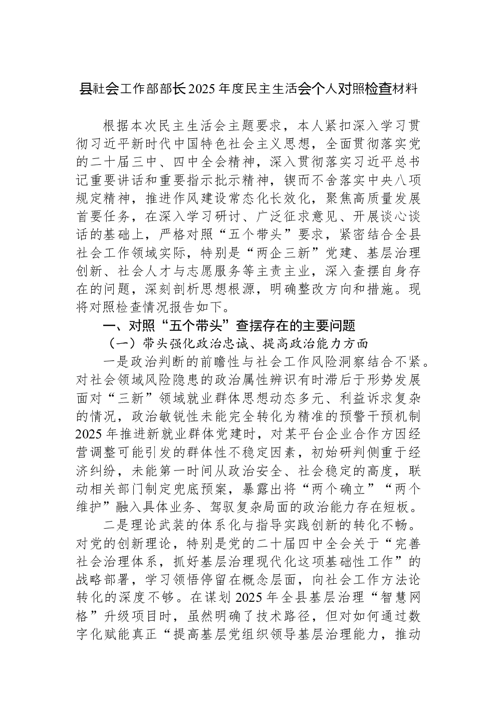 县社会工作部部长2025年度民主生活会个人对照检查材料