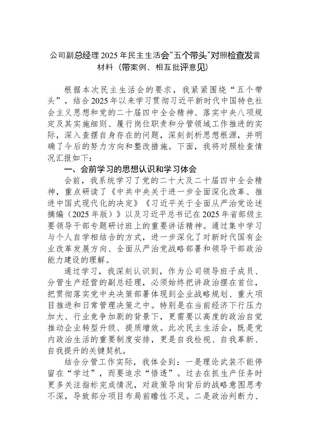 公司副总经理2025年民主生活会“五个带头”对照检查发言材料（带案例、相互批评意见）