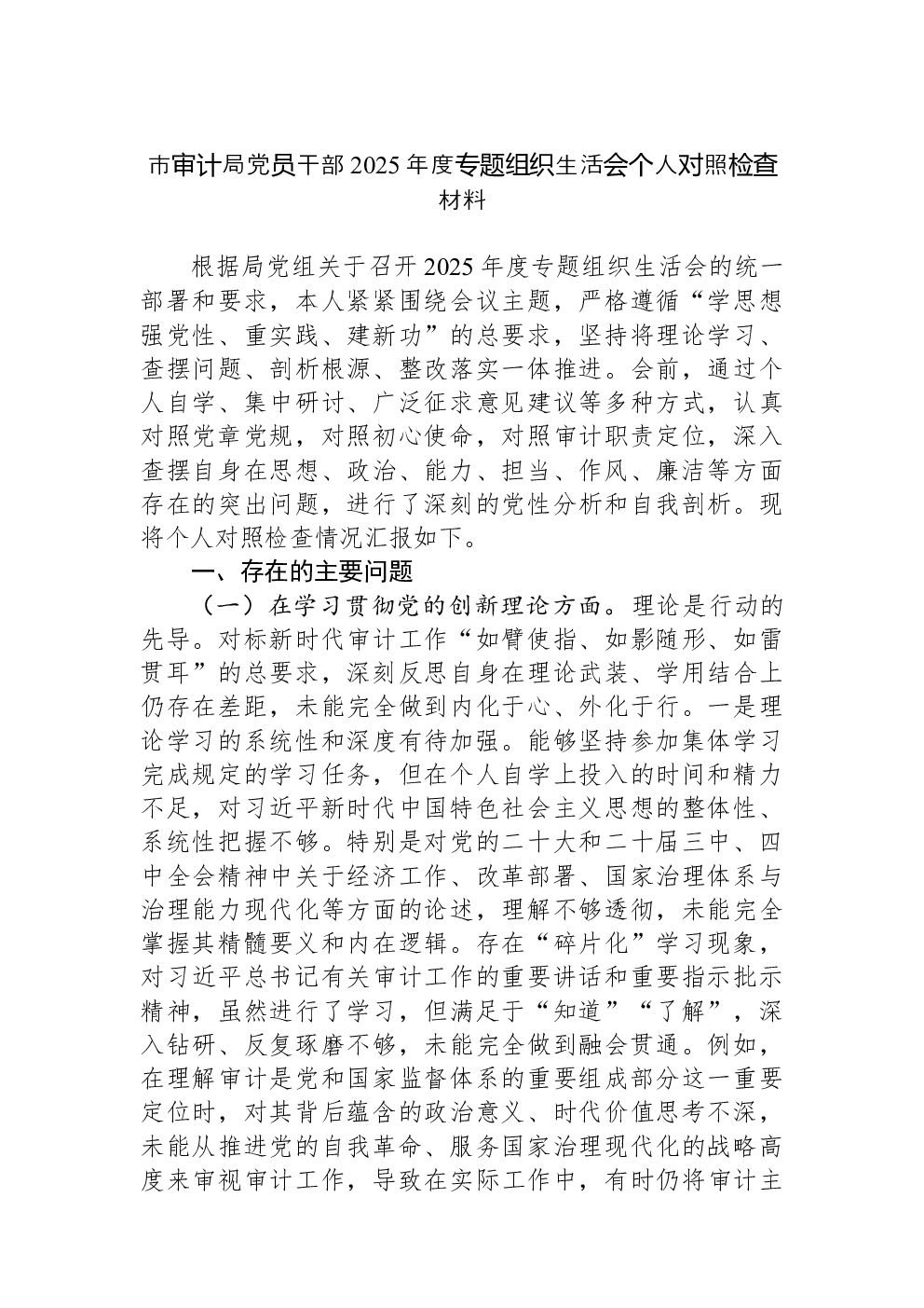 市审计局党员干部2025年度专题组织生活会个人对照检查材料