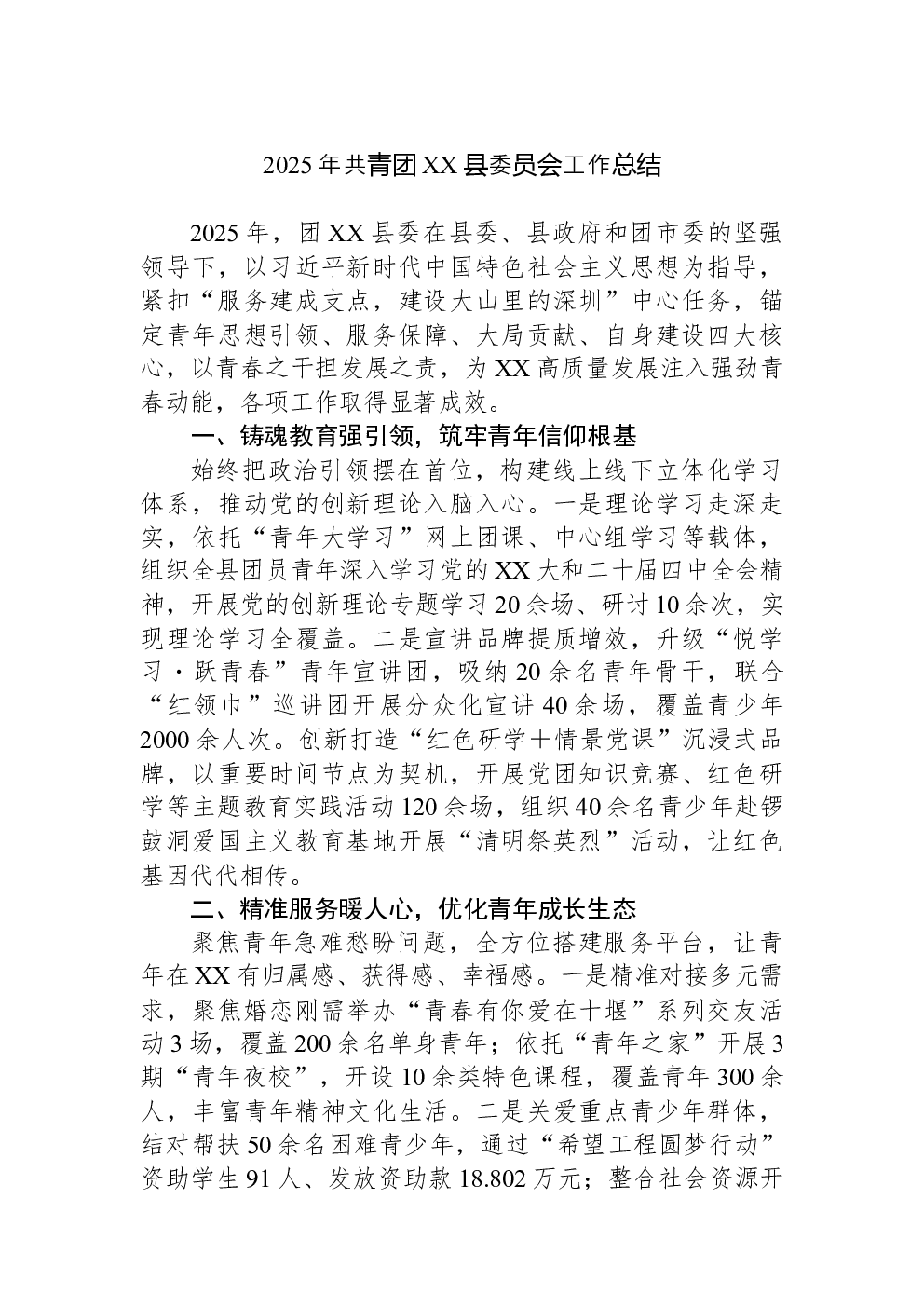 2025年共青团XX县委员会工作总结