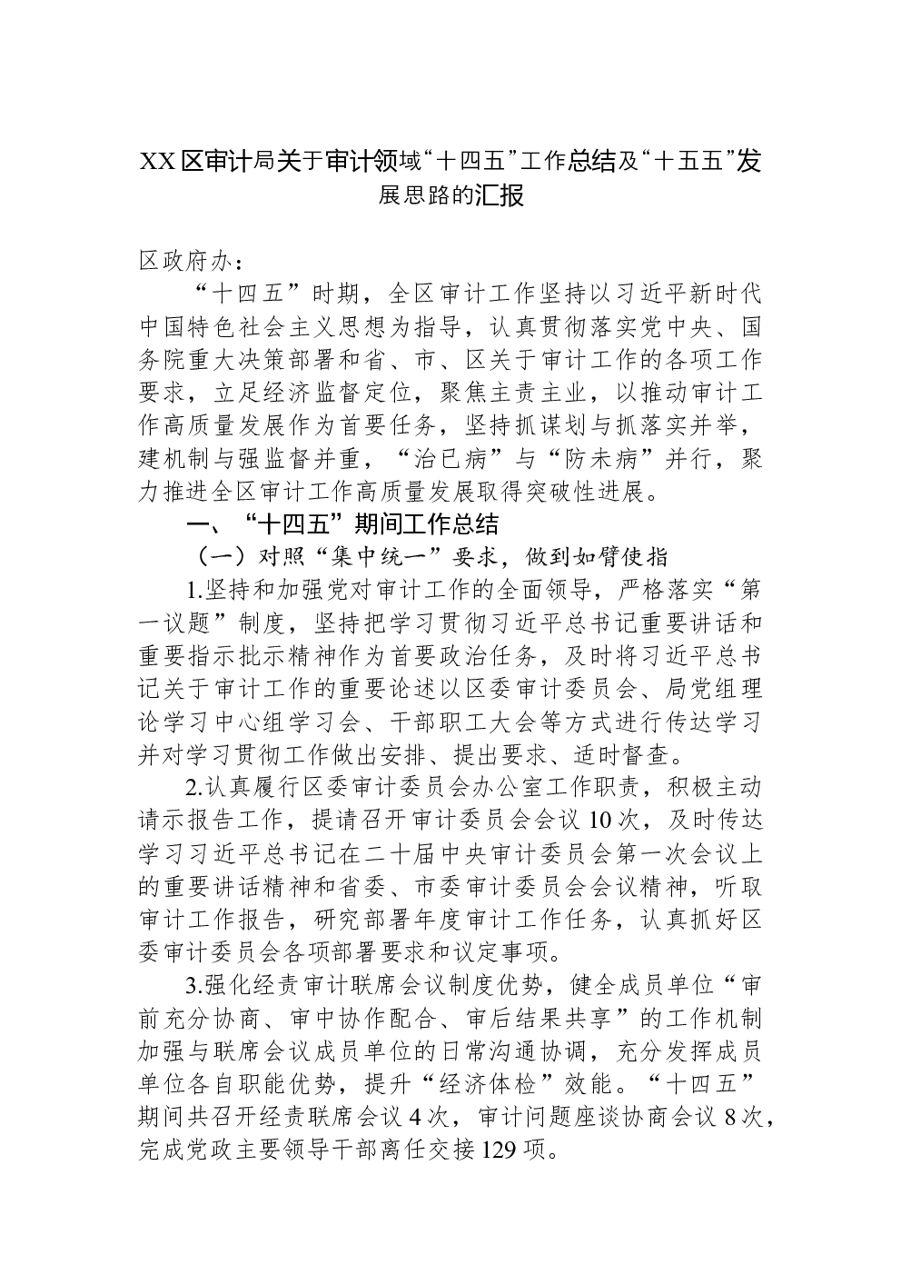 XX区审计局关于审计领域“十四五”工作总结及“十五五”发展思路的汇报