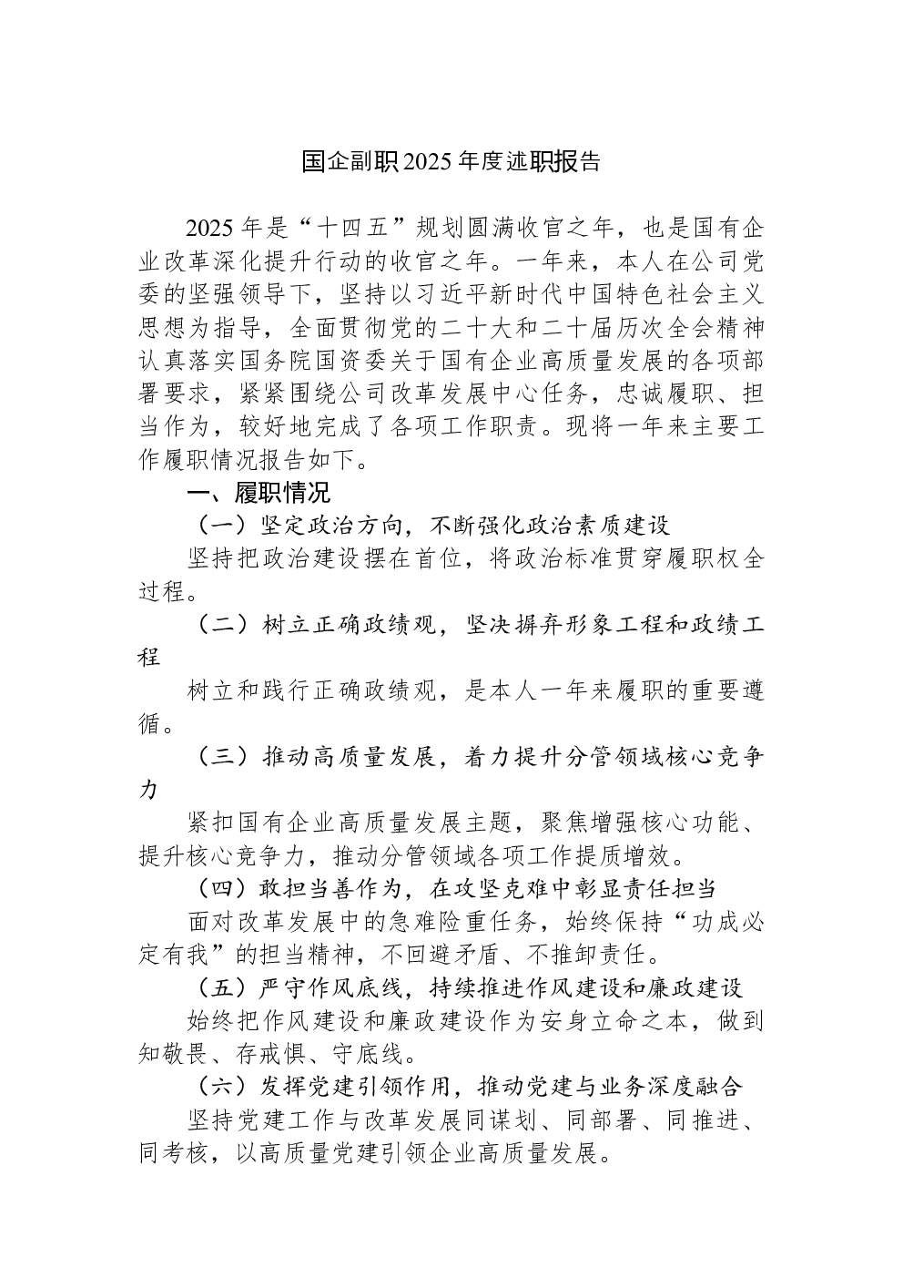 国企副职2025年度述职报告