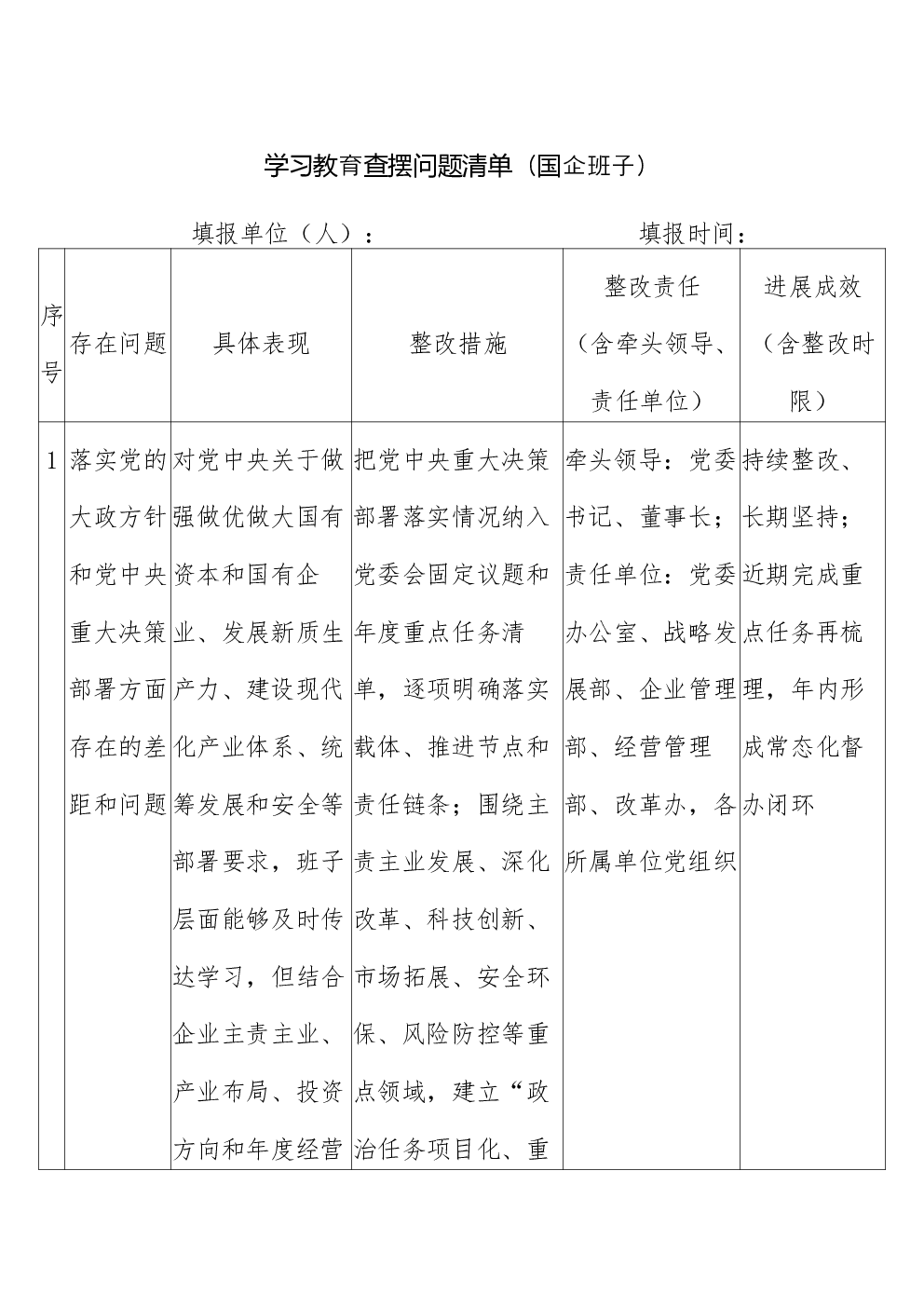 学习教育查摆问题清单（国企班子）